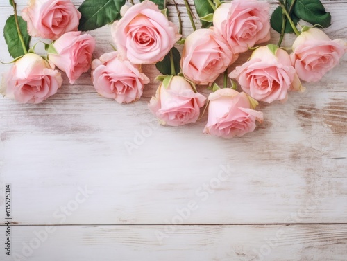 Top view of pink roses against a white wood table background  in the style of vintage. Generative AI