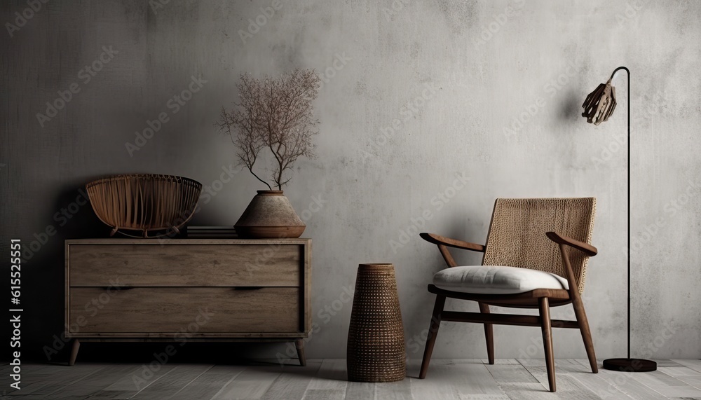 Wabi-sabi style interior mockup with chair,table,vase and floor lamp on grunge wall background.3d rendering Wabi-sabi style interior mockup with chair,table,vase and floor lamp on grunge wall background.3d rendering
