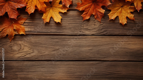 Autumn leaves over wooden background with copy space.Created with Generative AI technology.