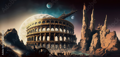 illustrazione generative ai di antico anfiteatro per giochi in rovina, ambiente desertico e ostile, luna gigante come sfondo, mondi fantastici e astronavi photo