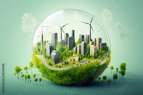 3D style, World of the global environment surrounding a green, landscape earth globe concept, AI Generative