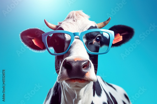 Quirky cow with glasses on a blue background, creating a playful and trendy visual concept, Generative Ai photo