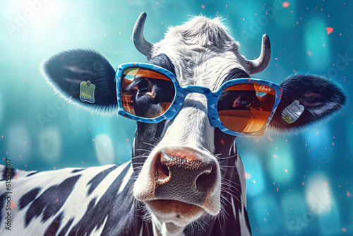 Quirky cow with glasses on a blue background, creating a playful and trendy visual concept, Generative Ai photo