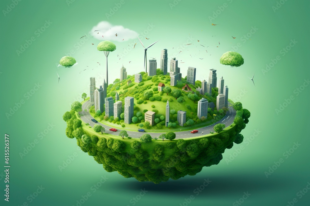 3D style, World of the global environment surrounding a green, landscape earth globe concept, AI Generative