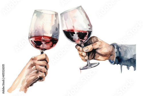 A watercolor of two hands with a glass of wine toasting, isolated (Generative AI)