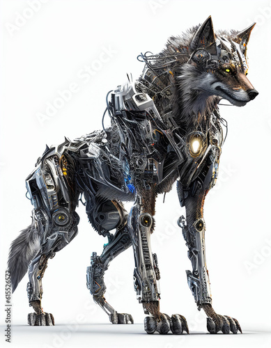 Cyborg Wolf isolated in white background, Generative Ai photo