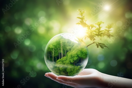 Hand of human holding earth, ecology and world sustainable environment concept. AI Generative