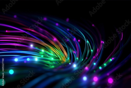an illustrated background of cyber optic cables, neon colors. black background, AI Generative