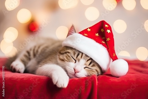 Cat in Christmas hat sleeping on sofa, ai generative photo