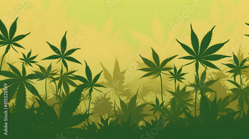 Cannabis background. Bright banner with hemp leaves in the sunset lights. Colorful marijuana background in green and yellow colors with copy space for text. AI