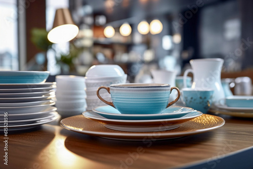 Ceramic dishes on the table in the store. Super photo realistic background, generative ai 3d illustration