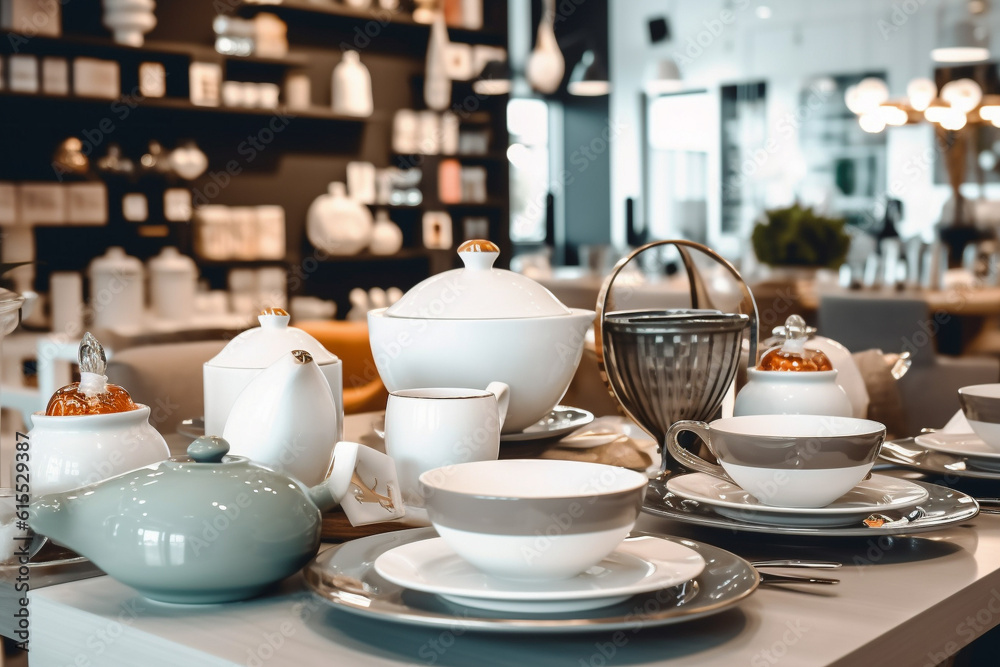 Ceramic dishes on the table in the store. Super photo realistic background, generative ai 3d illustration