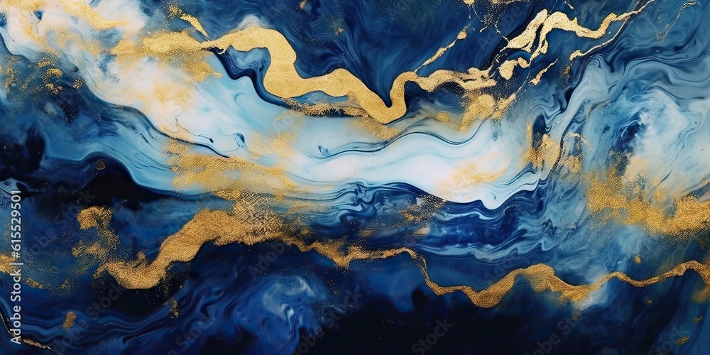 Generative AI illustration of liquid swirls in beautiful navy blue colors, with gold powder. Luxurious design wallpaper. Oil paint.