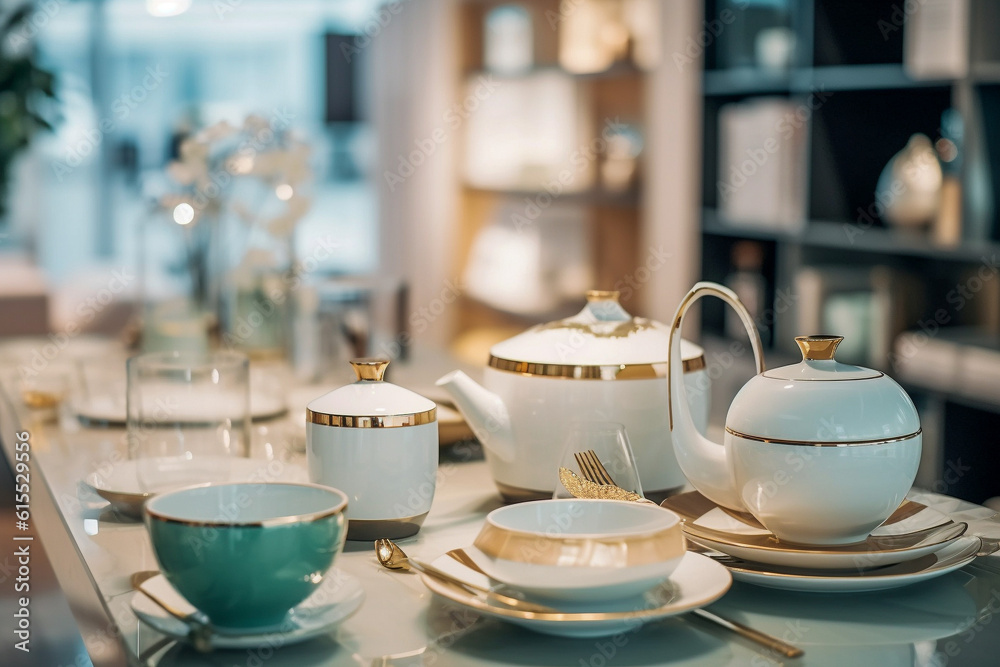 Ceramic dishes on the table in the store. Super photo realistic background, generative ai 3d illustration Ceramic dishes on the table in the store. Super photo realistic background, generative ai 3d illustration