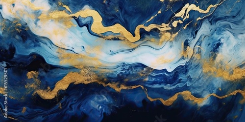 Generative AI illustration of liquid swirls in beautiful navy blue colors  with gold powder. Luxurious design wallpaper. Oil paint.