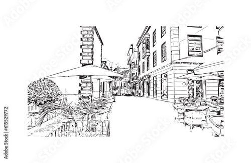 Building view with landmark of Puerto de la Cruzis the city in Spain. Hand drawn sketch illustration in vector.