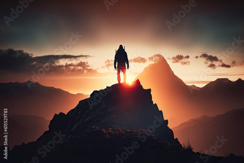 ai generated illustration back view of men on top of hill with morning sunrise