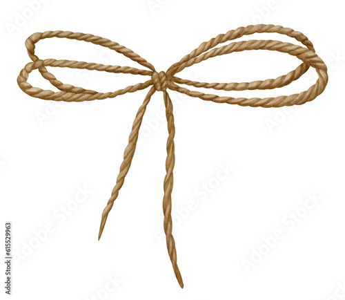 Rough Jute Bow. Hand drawn watercolor illustration of twisted Rope on on isolated transparent background for clipart. Decorative element for greeting cards or invitations. Vintage curved knot.