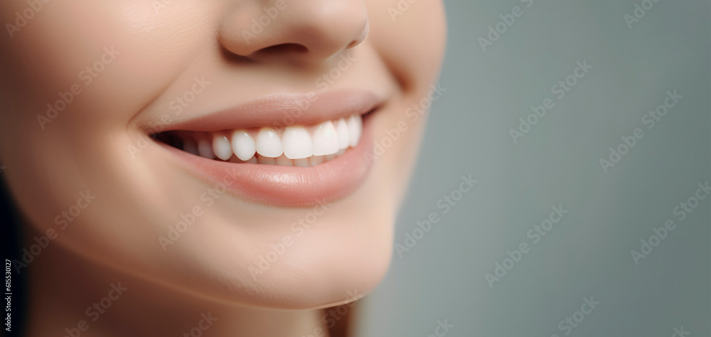 Obraz premium Beautiful female smile after the procedure with copy space. The concept of dental care. Generated AI