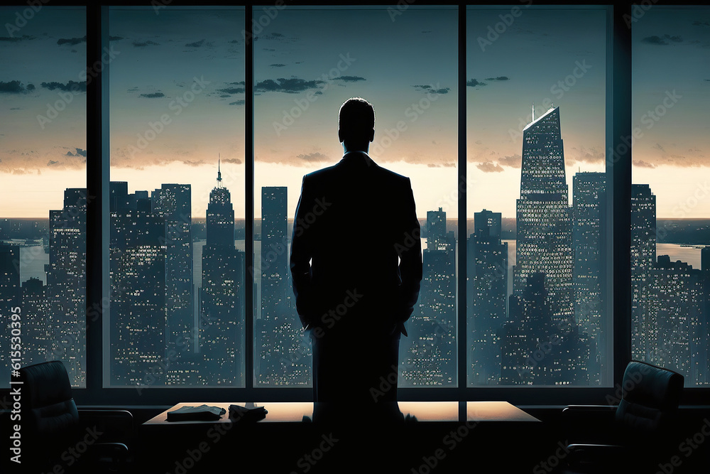 Fototapeta premium ai generated illustration Confident businessman watching city sunset through window
