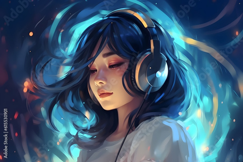 A young woman listening to music with headphones, anime-style illustration,  Generative AI © yuruphoto