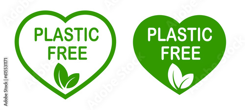 Plastic free heart-shaped logo. Eco-friendly packaging. Green product. Zero waste. Recycling