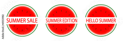 Summer edition logo. Hello summer. Sale icon with red watermelon slices. Sticker or stamp