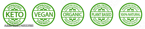 Set of stamps: keto, vegan, organic, plant based, 100% natural. Premium quality logo badge. Ketogenic diet approved.