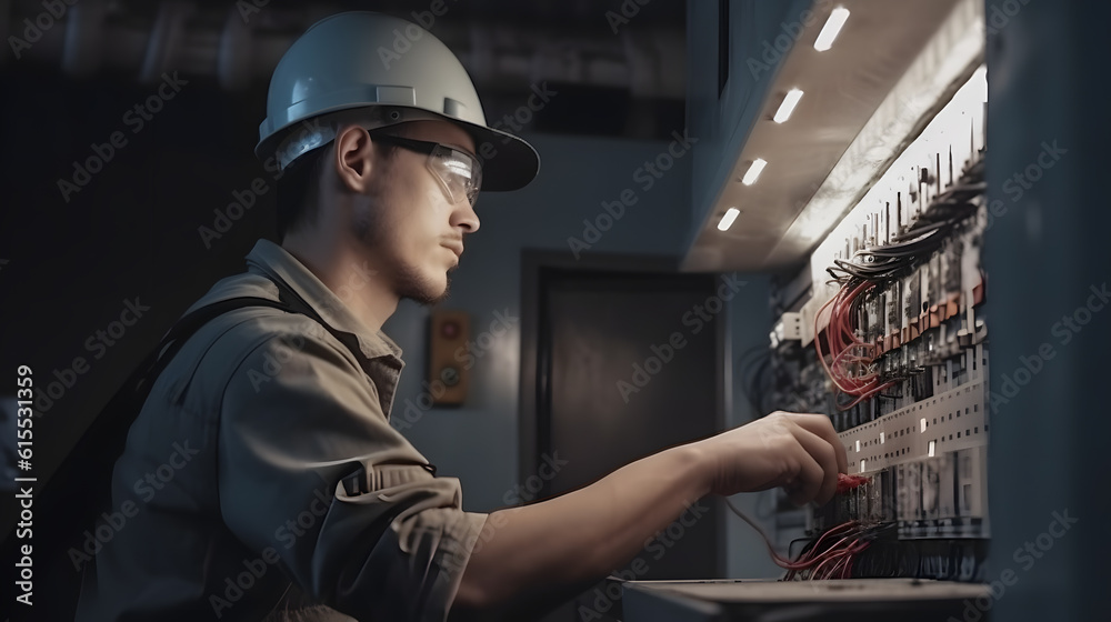 Man electrician works in a switchboard with an electrical connecting cable, dark background. Generation AI Man electrician works in a switchboard with an electrical connecting cable, dark background. Generation AI
