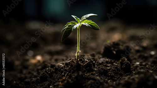 Young plant Bush marijuana cannabis on ground, blurred background at sunset. Generation AI. © Adin