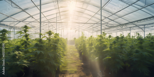 Cannabis farm marijuana plantation, sunset. Generation AI