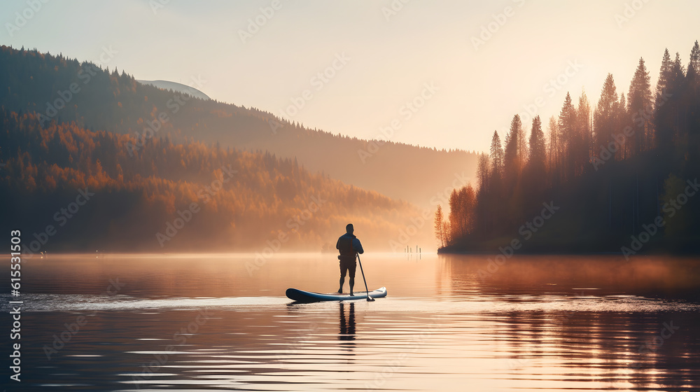 Man in thermo clothing rowing oar on sup board blue lake water paddleboard background of forest and mountains sunset. Concept travel adventure. AI generation