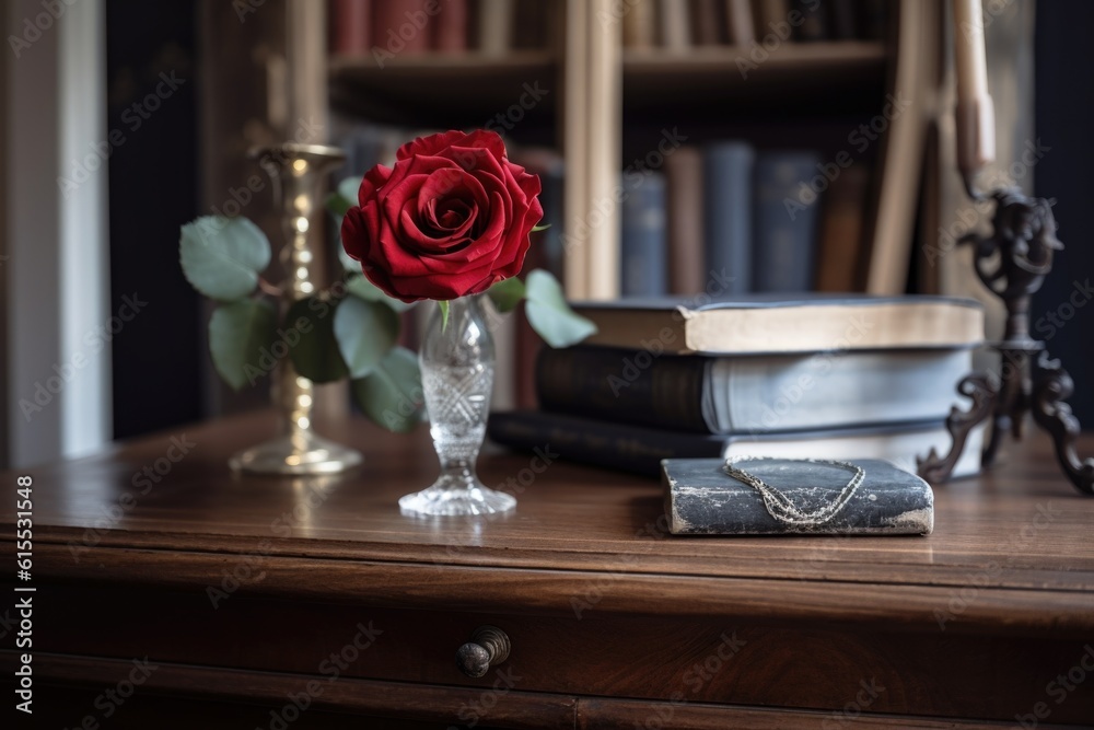 Φωτογραφία red rose in a vase on a wooden table, surrounded by books and antique furniture,