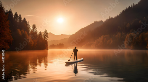 Man in thermo clothing rowing oar on sup board blue lake water paddleboard background of forest and mountains sunset. Concept travel adventure. AI generation