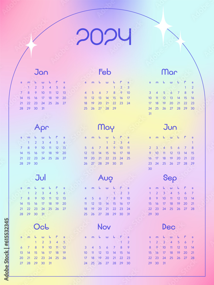 Vetor de Monthly calendar for 2024. y2k style vertical calendar. The