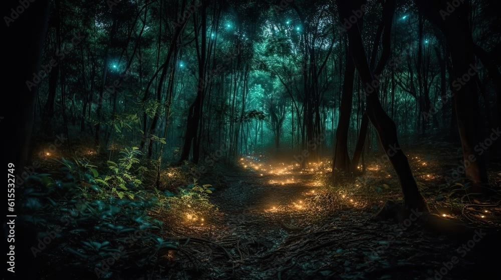 Autumn magical forest background with gigantic moon and mystic lights