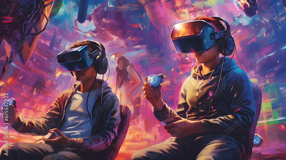 Stylish young wearing virtual reality goggles while standing against futuristic cityscape generative Ai