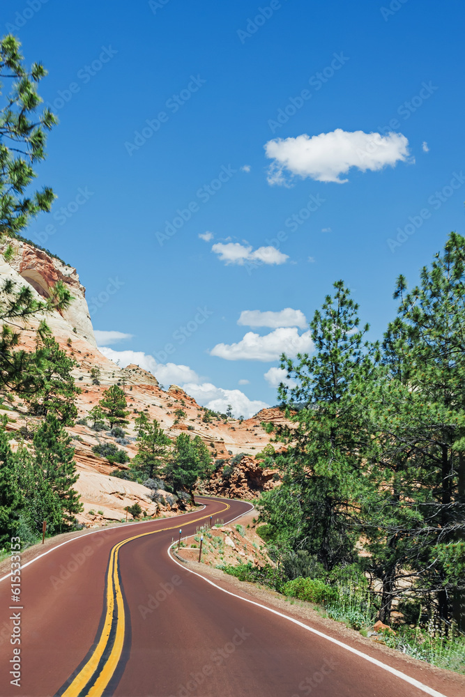 Scenic road with no cars in Zion national park in Utah on sunny summer day