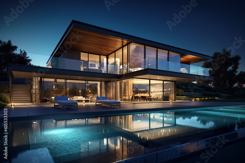 A Majestic and stunning modern house with a swimming pool, created with AI © SardarMuhammad