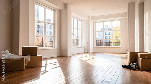 Empty floor with cardboard boxes. White walls, parquet floor and natural light. Moving, sale and purchase of real estate, real estate and new home. Generative ai.