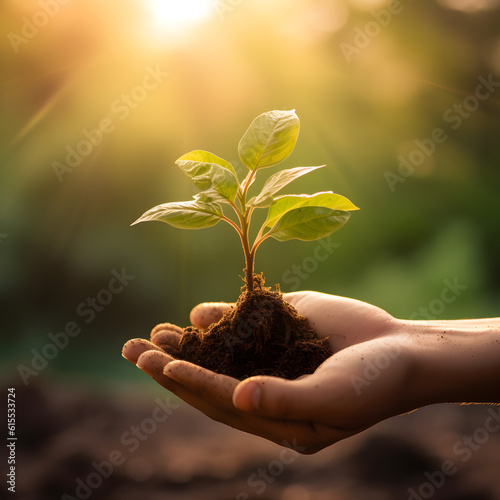 Hand children holding young plant with sunlight on green nature background. concept eco earth day, generated ai