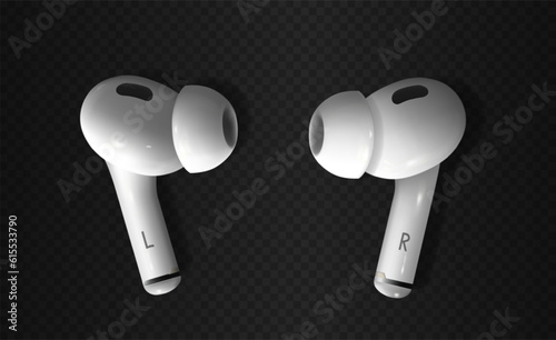 White realistic wireless earphones. Left and right bluetooth headset lying on the dark transparent background dropping shadows. 3d vector illustration