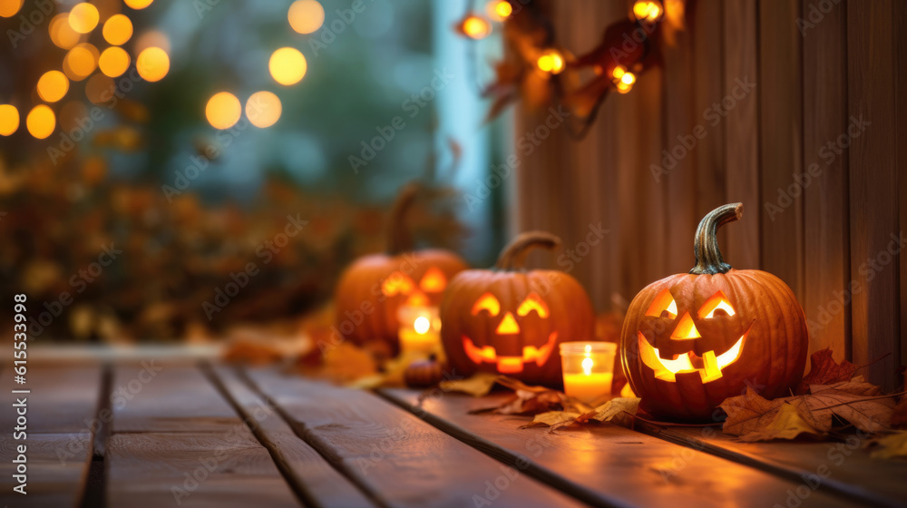 Background with halloween pumpkins, candles and autumn leaves on the wooden house porch - obrazy, fototapety, plakaty 