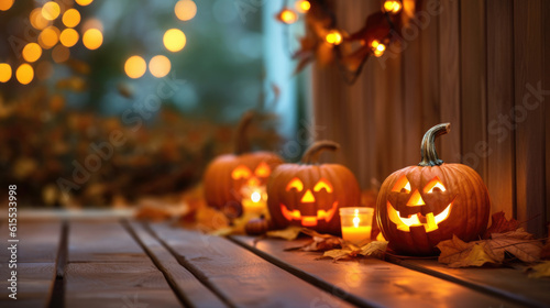 Background with halloween pumpkins, candles and autumn leaves on the wooden house porch photo