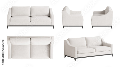 Set of five views of elegant modern classic three-seater sofa with an ivory cover, shaped armrests, and black legs. Front view, side views, top view, and perspective view. 3d render