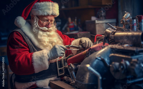 Santa Claus is tuning the engine of the snowmobile