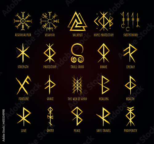 Full editable collection of norse symbols with meanings like protection, love, healing, safe travelling, compass, good luck, brave or courage and more.