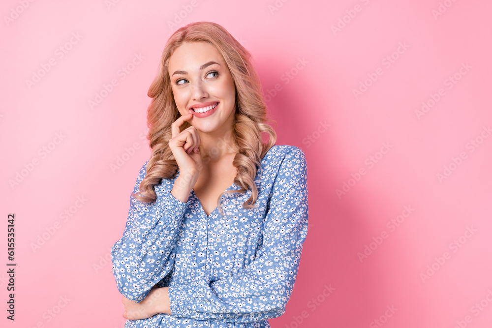 Portrait photo of young dreaming lovely cute woman wavy hairstyle bite nail look empty space wish buy new skirt isolated on pink background Portrait photo of young dreaming lovely cute woman wavy hairstyle bite nail look empty space wish buy new skirt isolated on pink background