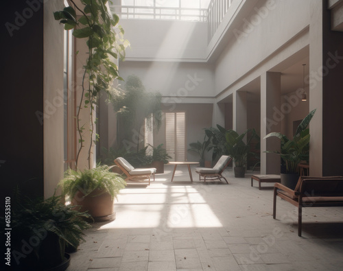 Closed terrace in the building  lots of plants and light. AI generative.