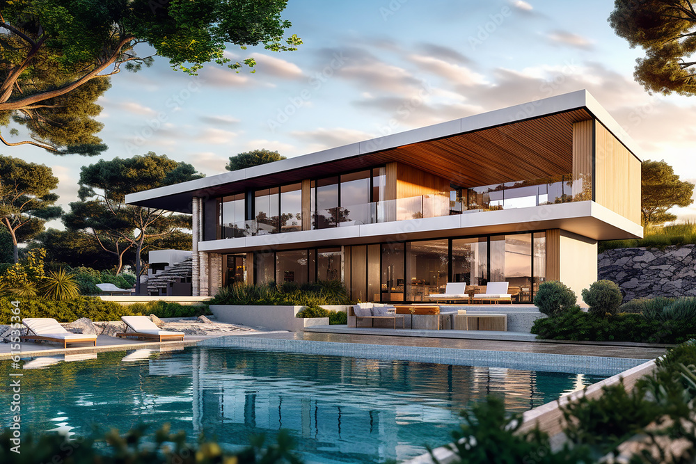 Fototapeta premium A Majestic and stunning modern house with a swimming pool, created with AI